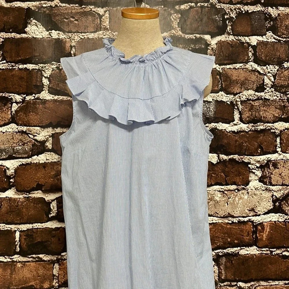 Halogen High Neck Dress Frill Striped Blue White Size Large L - Picture 7 of 15